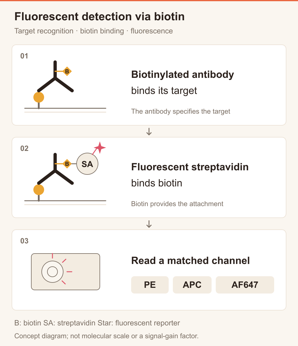 A biotinylated antibody recognizes its target, fluorescent streptavidin attaches through biotin, and fluorescence is measured in a matched instrument channel.